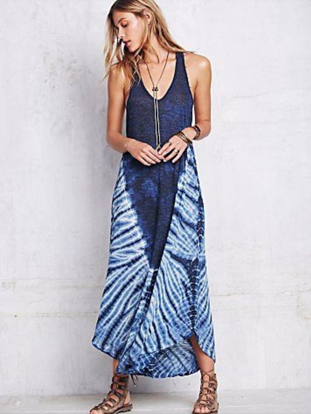 Free People Size S Dress Indigo Blue Space-Dye Maxi Shibori Witchy Boho Party